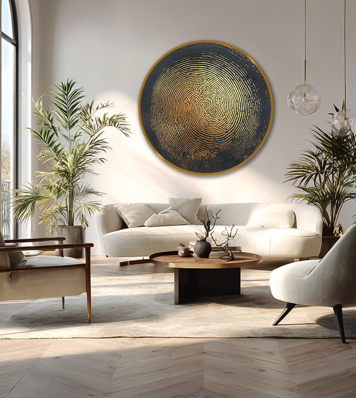 Emanating organic forms create a mesmerizing effect in this round wooden oil painting decoration, an abstract wall art piece with a glowing golden pulse.