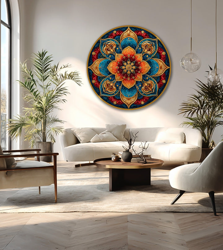 Vibrant, ornate, radiant jewel mandala design commands attention as an oil painting art piece, an ornamental round painting on wood that is both colorful and captivating.