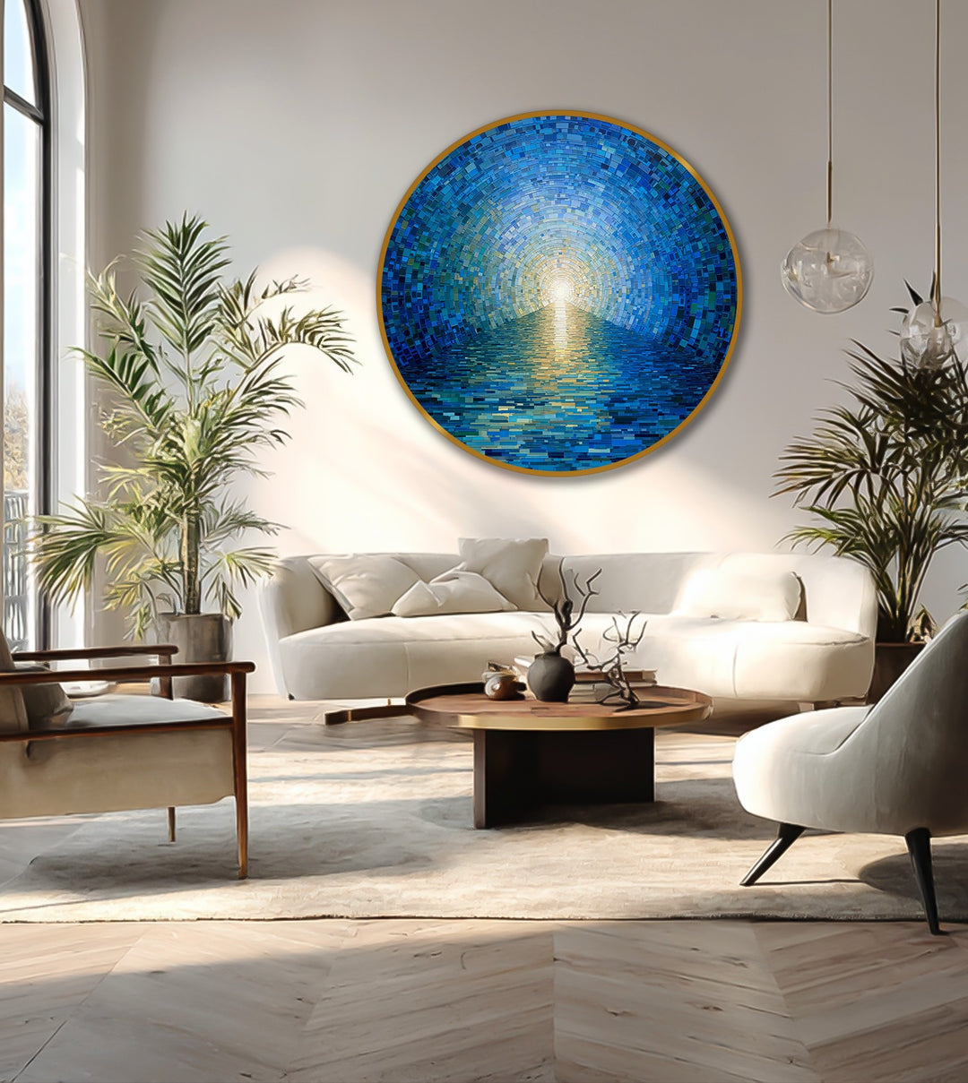 A lustrous gold edge defines this vibrant round oil painting decoration, featuring a captivating blue mosaic ocean scene with a radiant horizon glow.