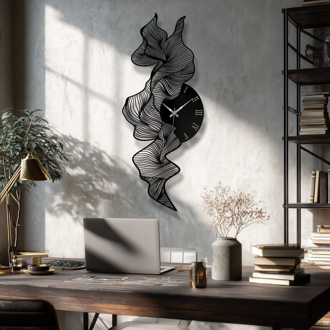 Black finish of the flowing abstract wave metal wall clock accentuates its unique modern wall decor aesthetic with a captivating, artistic appeal.