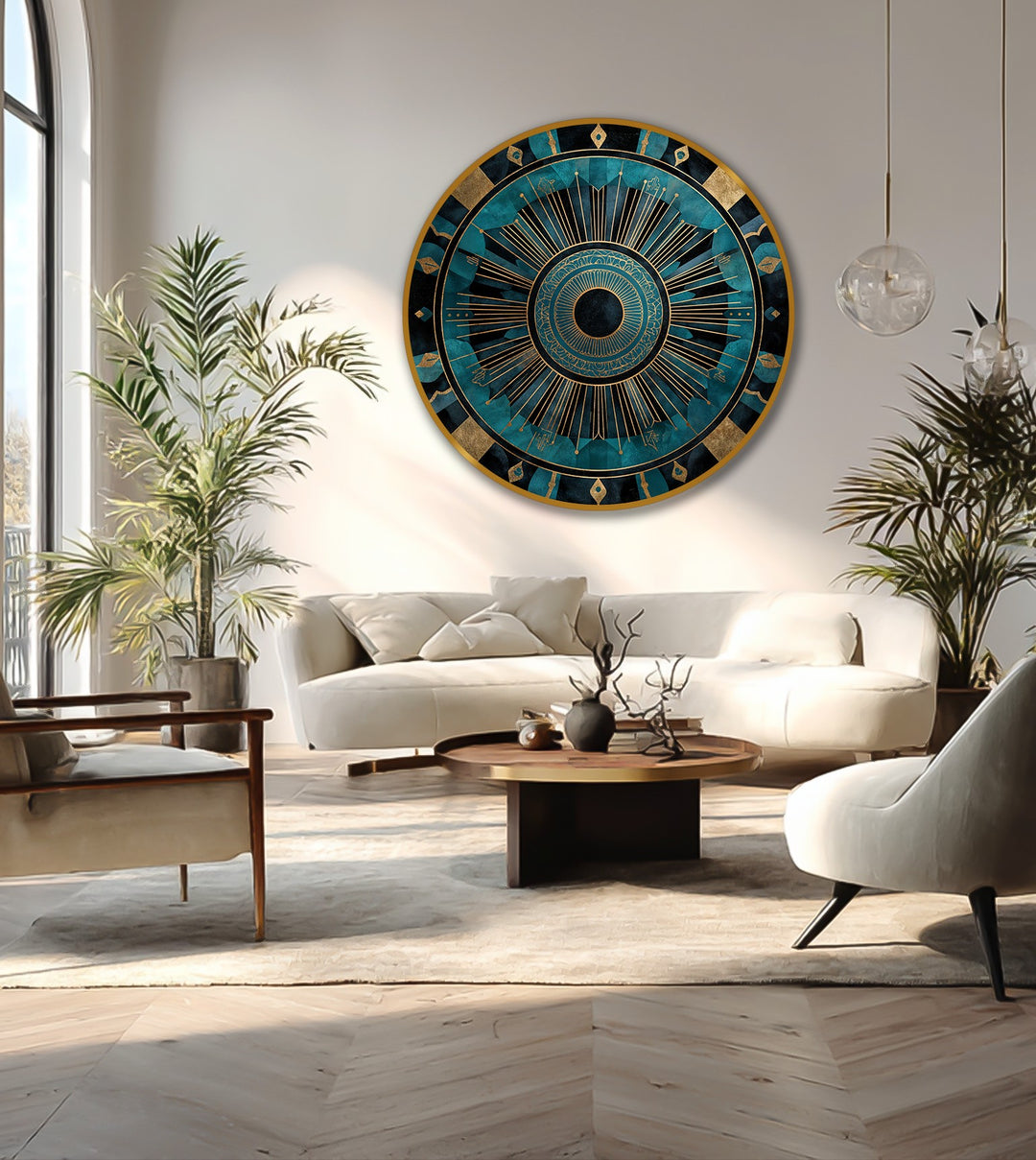 Organic forms radiate from this abstract round oil painting decoration featuring a teal and gold mandala with Art Deco influences.