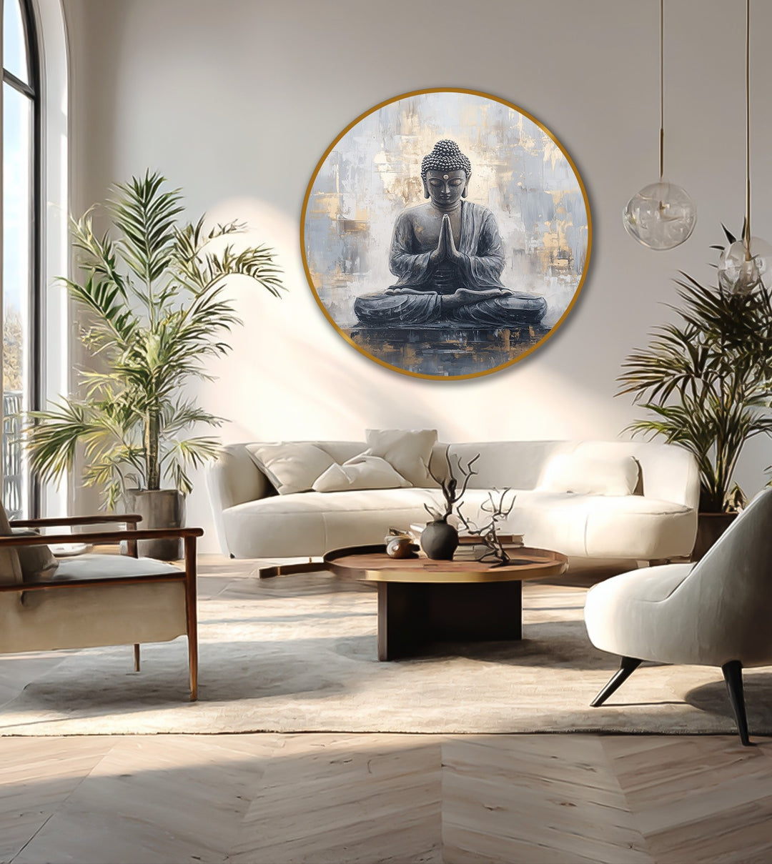 Horizontal round oil painting decoration of a meditating Buddha radiates peace and serenity with elegant gold accents.