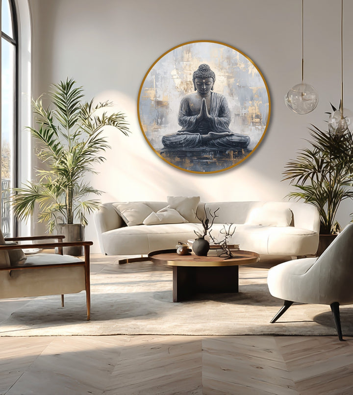 Horizontal round oil painting decoration of a meditating Buddha radiates peace and serenity with elegant gold accents.