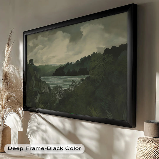 Depth and layers are shown in this tropical river wall art, an oil painting art prints depiction of a jungle landscape with rich detail and black frame.