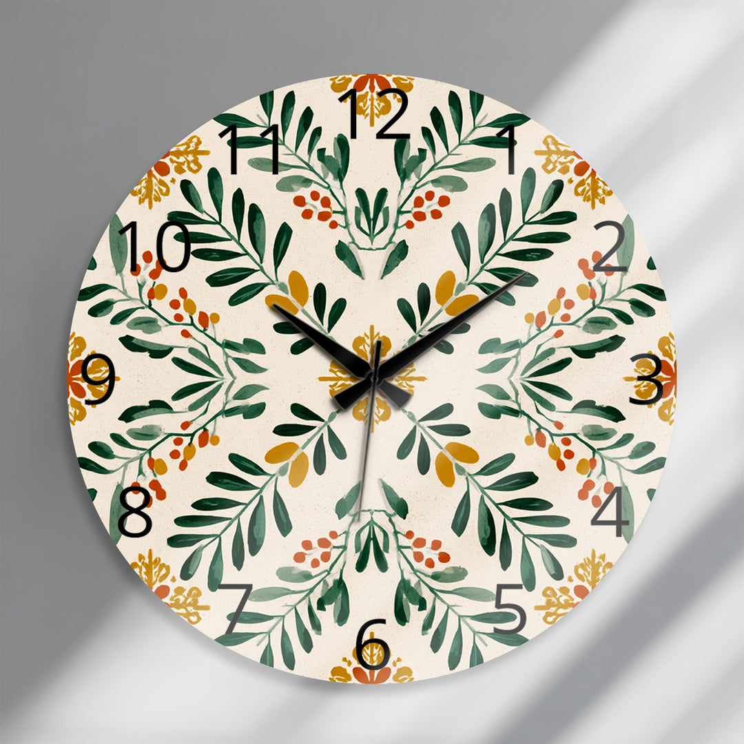Botanical Glass Wall Clock – Green Leaf Farmhouse Decor