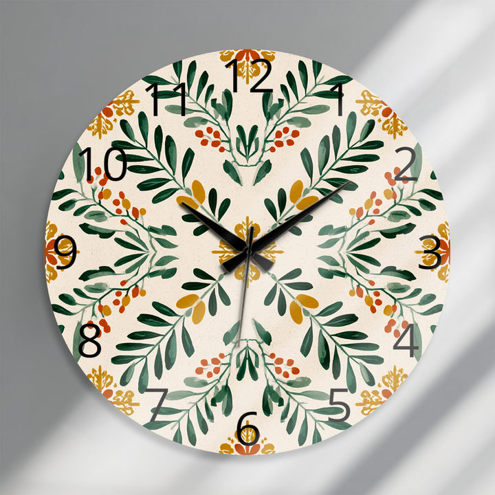 Botanical Glass Wall Clock – Green Leaf Farmhouse Decor
