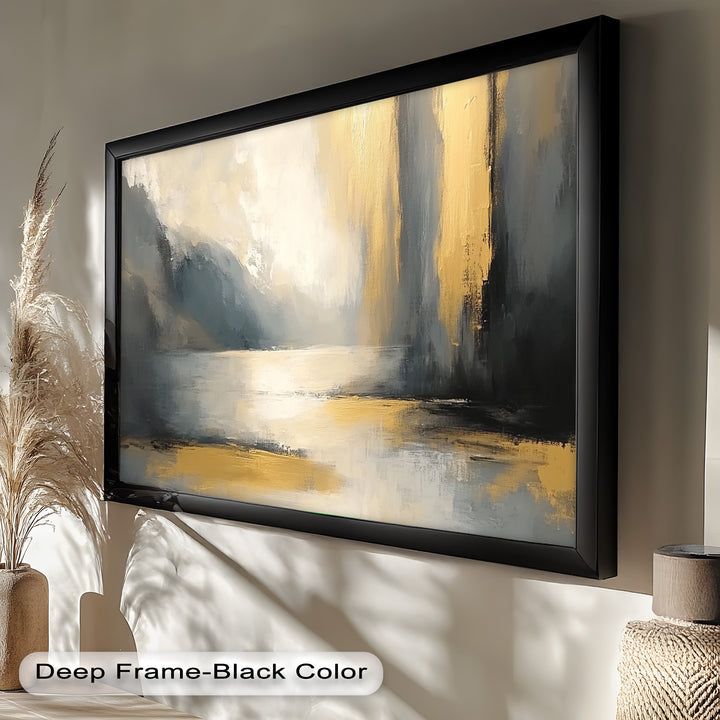 Calm nature-inspired wall art with a glowing river and shimmering gold tones.
