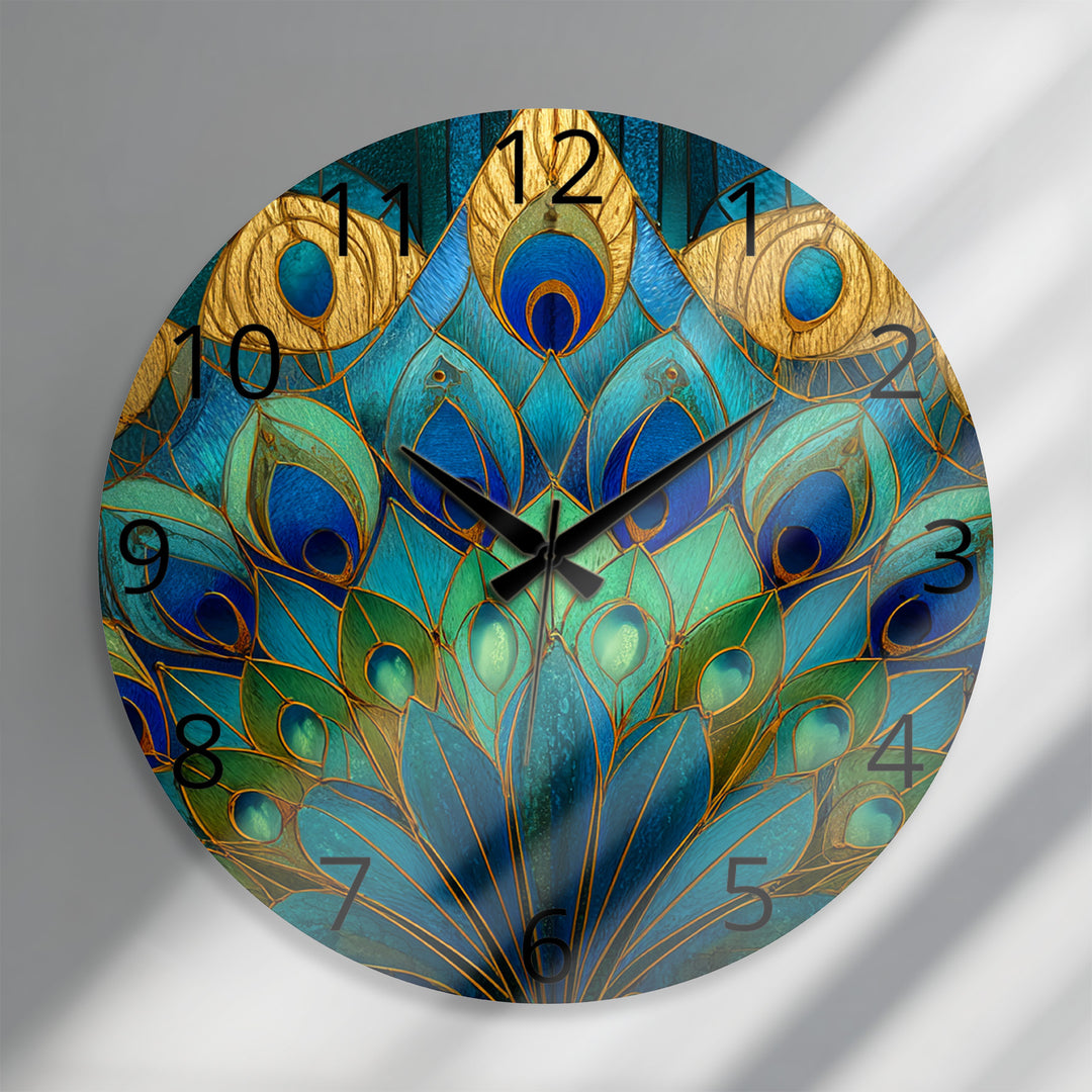 Peacock Feather Glass Wall Clock – Blue Art Nouveau Decor