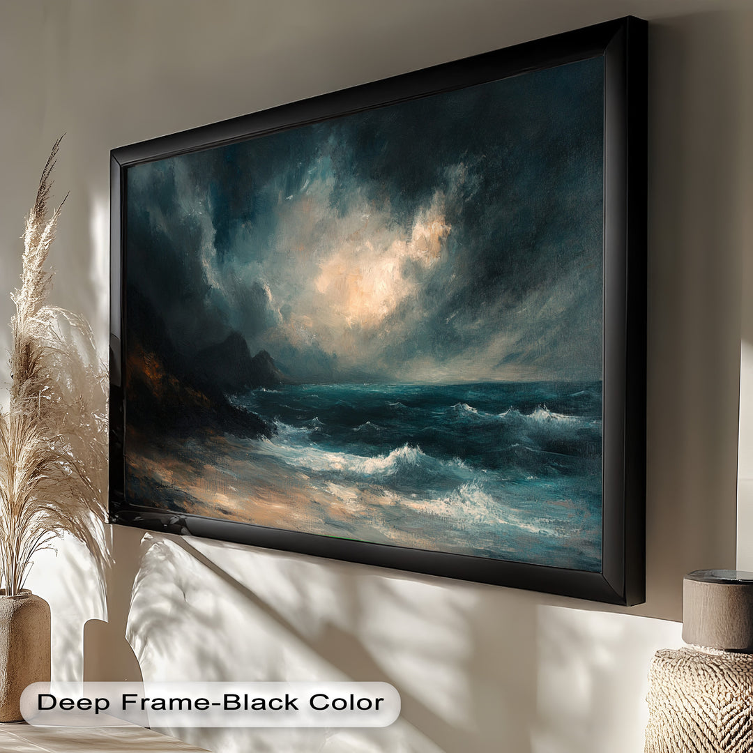 This dramatic seascape painting captures a turbulent coastline under a stormy sky, with waves crashing against the shore as light breaks through the clouds.

