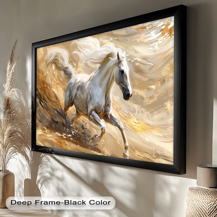 A contemporary impressionist horse painting with swirling textures and shimmering gold accents, evoking a sense of speed, freedom, and elegance.