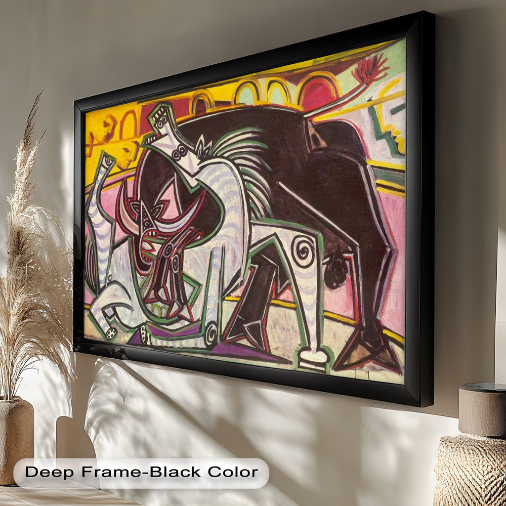 An energetic and surreal composition featuring a black bull and a pale horse entangled in motion and emotional intensity.