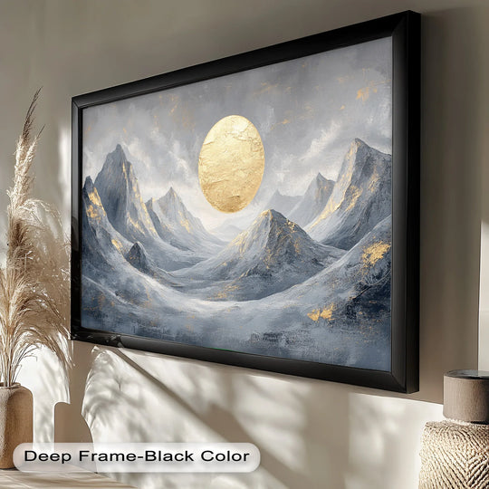 Highlighting the layering effect, this captivating mountain oil painting art prints shows silver peaks gradually receding under a suspended golden sun.