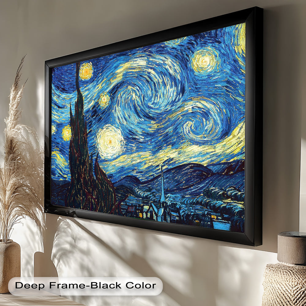 Vibrant post-impressionist landscape of a star-filled sky above rolling hills and rooftops.

