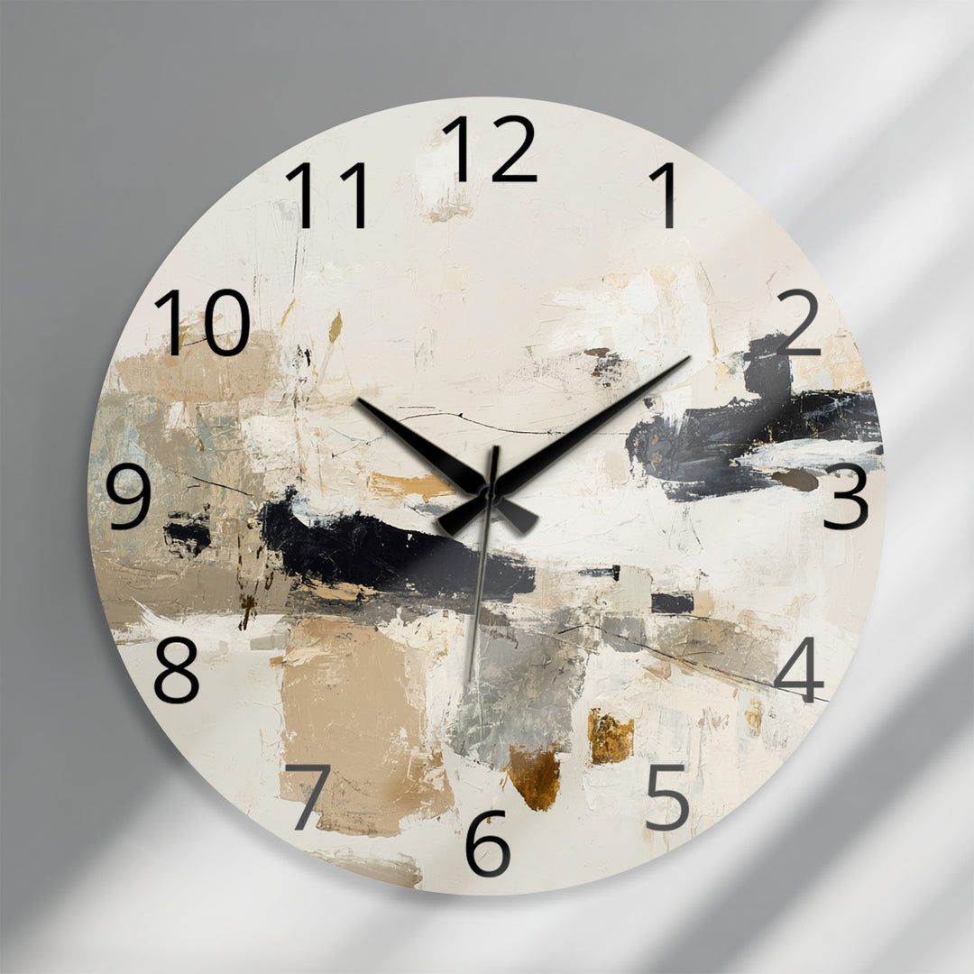Neutral Abstract Glass Wall Clock – Black and Beige Modern Art