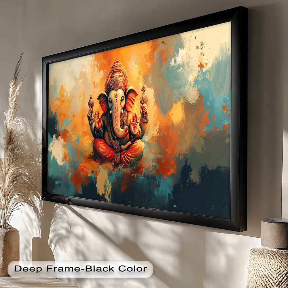 A radiant image of Ganesha with four arms, holding symbolic objects, set against a bold and expressive painted background.