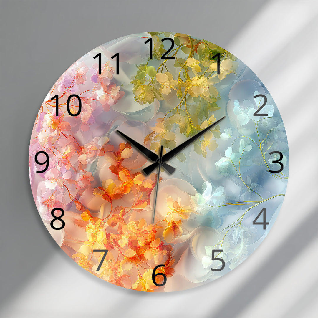 Pastel Floral Glass Wall Clock – Dreamy Botanical Decor