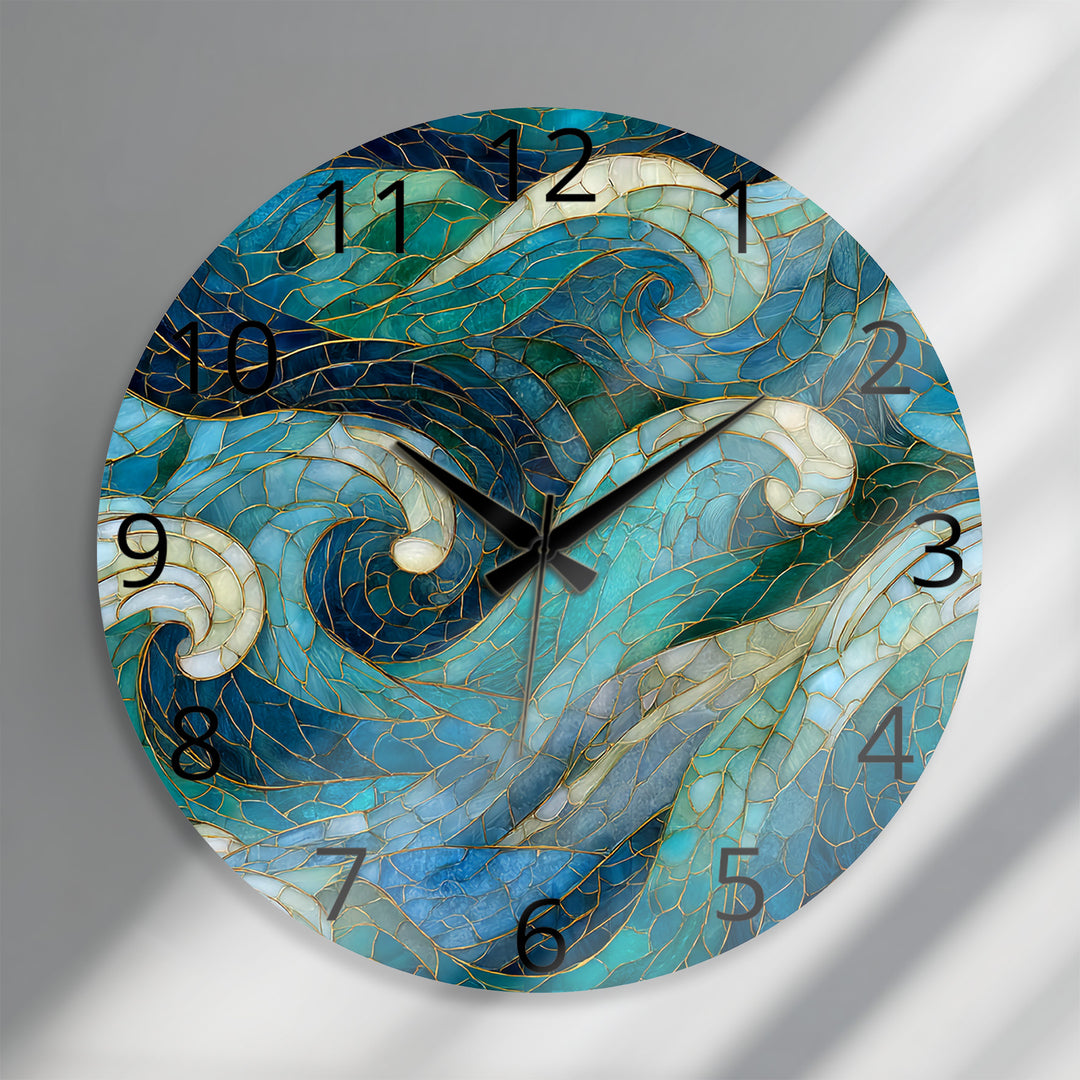 Blue Wave Glass Wall Clock – Abstract Stained Glass Style
