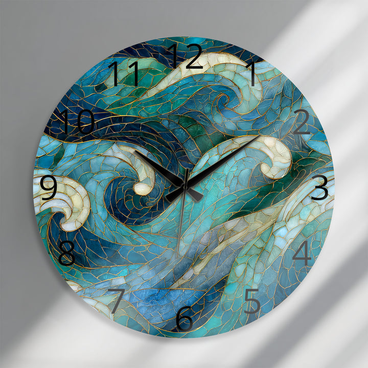 Blue Wave Glass Wall Clock – Abstract Stained Glass Style