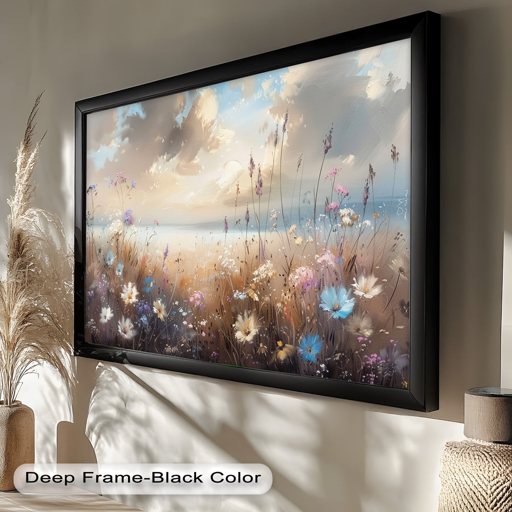 A beautifully textured landscape artwork capturing the gentle movement of flowers swaying in the breeze, set against a serene horizon at dusk.