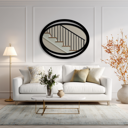 Visual rhythm is created by the black oval frames of this sleek modern dual-frame double eclipse oval wall mirror, perfect for decorating with wall mirrors.