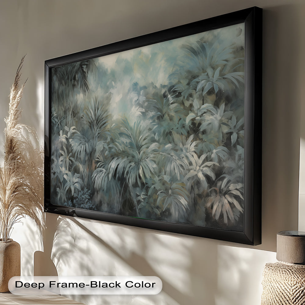 A tropical forest with abundant foliage, where soft blues and greens create a tranquil and mystical atmosphere.

