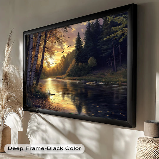 A tranquil river scene bathed in warm sunset light, with birds soaring over the water and trees lining the peaceful shore.

