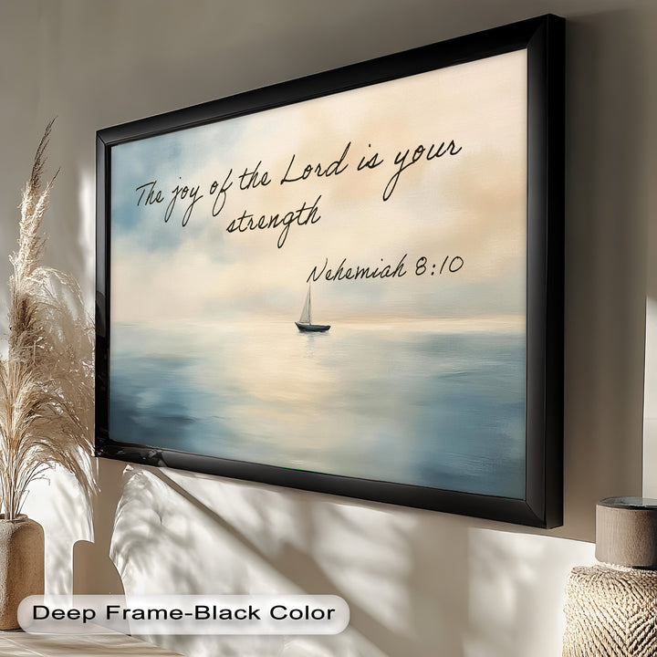 Tranquil seascape with a lone boat, symbolizing faith and inner peace.

