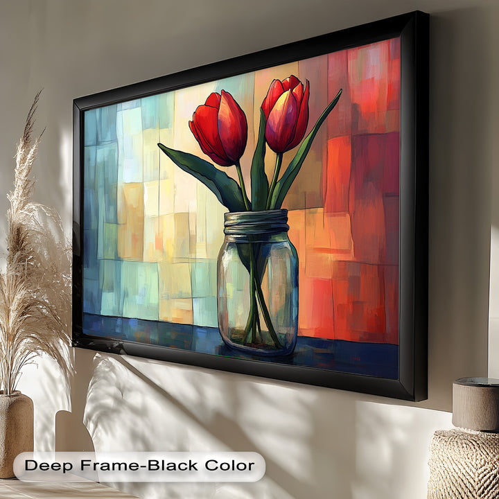 Red and Orange Tulips in Glass Vase – Bold Floral Oil Painting