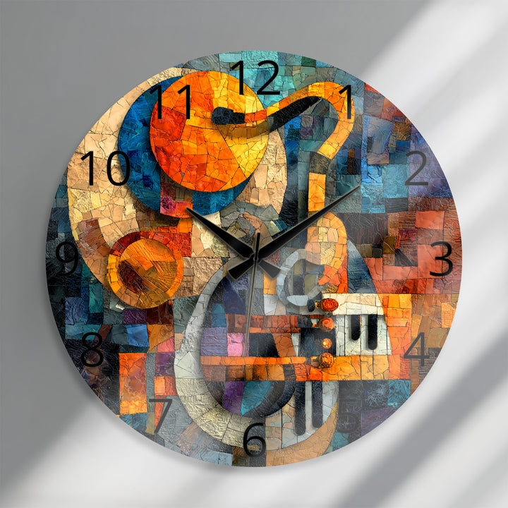 Music Glass Wall Clock – Treble Clef and Piano Mosaic Decor