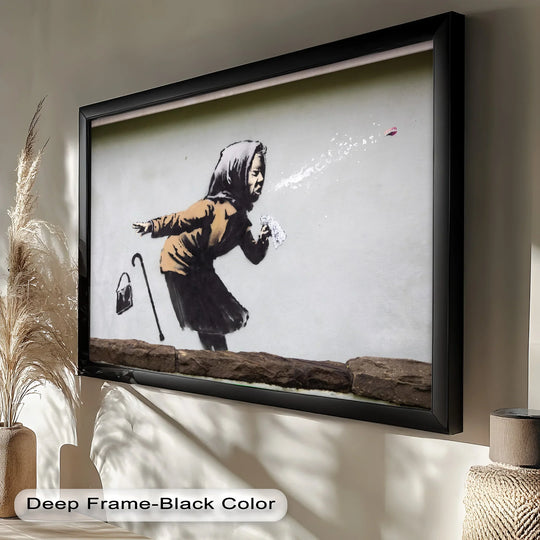 The darkest area highlights the deep black frame surrounding a Banksy 'Power of a Sneeze' oil painting, a humorous oil painting art prints piece showing an elderly woman's forceful sneeze.