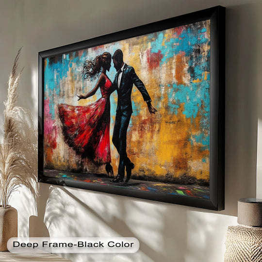 The loudest element in this 'Whirl of Passion' shows off the dynamic energy of dancing lovers, showcasing vivid oil painting art prints in red against a textured background.