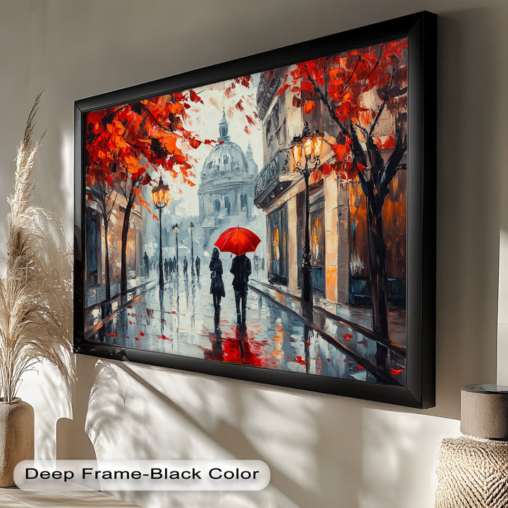 Lovers Walking with Red Umbrella - Love Oil Painting
