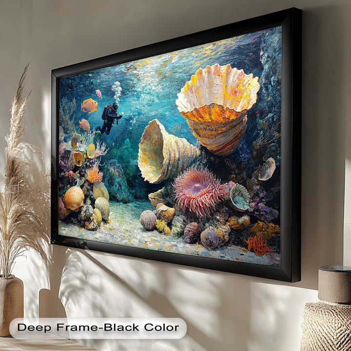 Diver Exploring Coral Reefs with Giant Shells - Animal Oil Painting