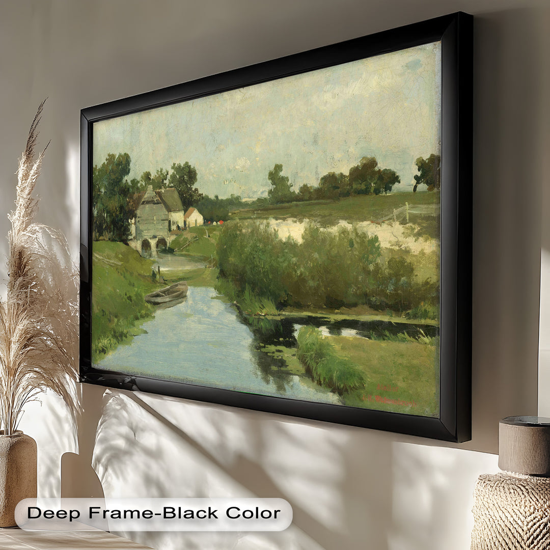 A picturesque oil painting capturing the essence of rural life, with a calm waterway, an old stone mill, and rolling green pastures stretching into the distance.