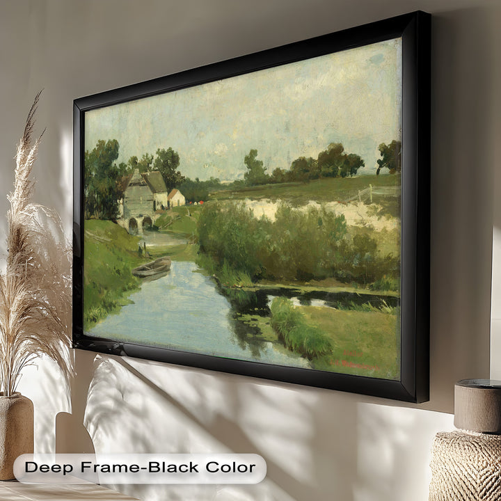 A picturesque oil painting capturing the essence of rural life, with a calm waterway, an old stone mill, and rolling green pastures stretching into the distance.