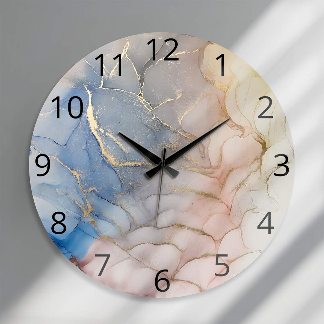Pastellrosa und blaue Marmorglas-Wanduhr