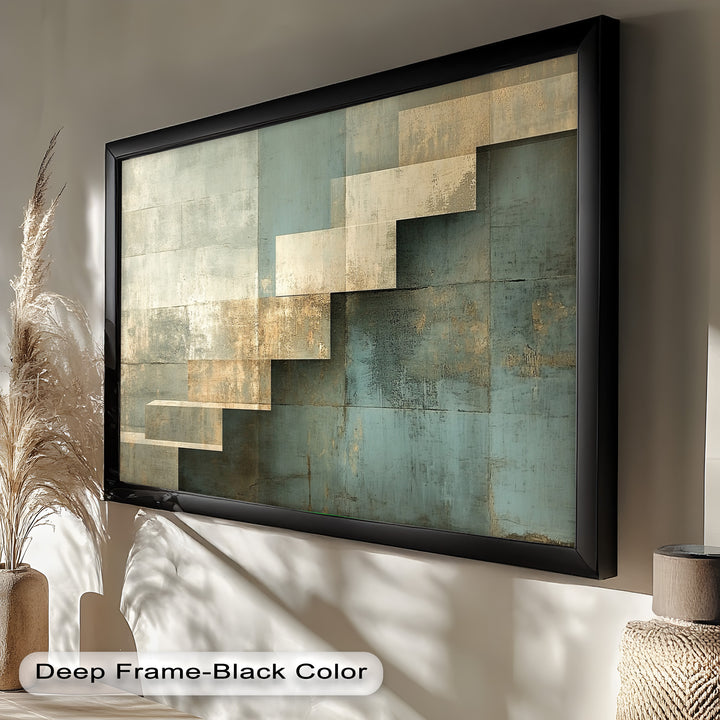 Geometrische Schritte Abstrakt – Blau &amp; Beige Modernes Ölgemälde