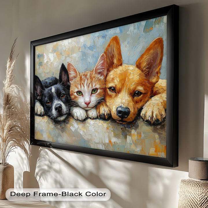 Cat and Dogs Resting Together - Animal Oil Painting