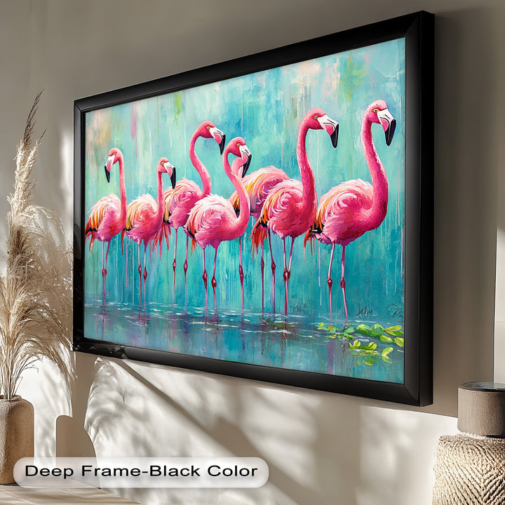 Flamingoschwarm auf dem Wasser – Tierölgemälde