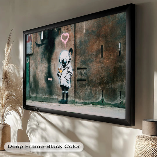 The sharp edge and borders define this Banksy-inspired depth of innocence oil painting artwork, adding a modern frame to a thought-provoking composition.