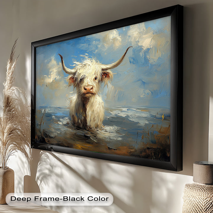 Highland Cow in Coastal Waters – Animal Oil Painting