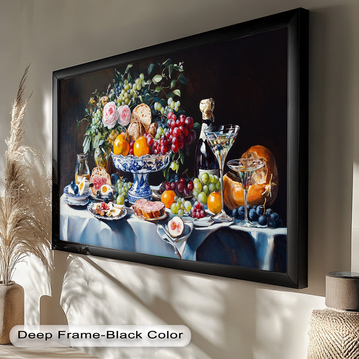 Overflowing with grapes, oranges, eggs, and breads, this painting celebrates abundance, refinement, and the beauty of everyday indulgence.

