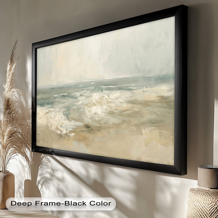 Modern Earthy Green Abstract Landscape – Coastal Serenity Oil Painting