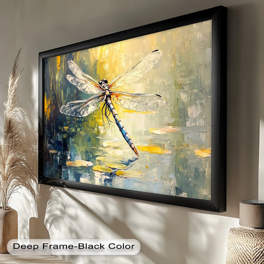 Organic shapes accent a shimmering dragonfly resting delicately over a lily pond in this beautiful animal oil painting decoration.