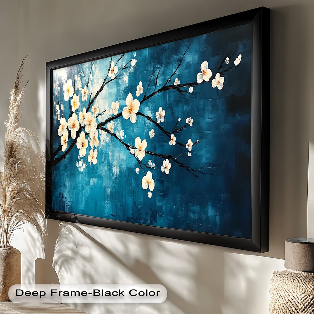 A modern floral artwork featuring delicate cream flowers blooming along dark branches on a vibrant blue 