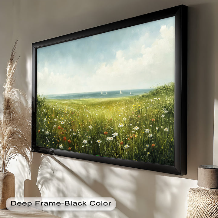 Wildflower Meadow Sea View Wall Art–Coastal Oil Painting