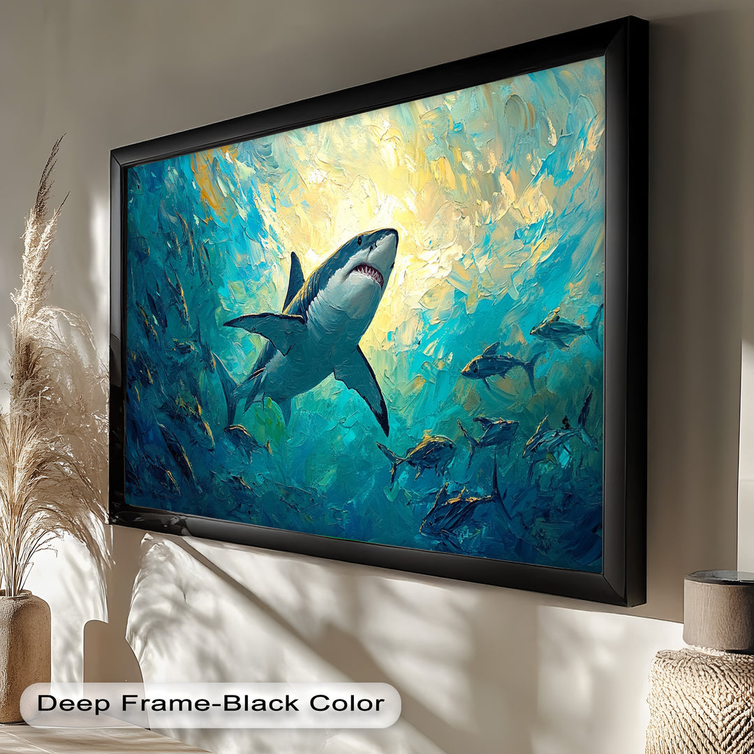 Great White Shark in Sunlit Ocean Depths – Animal Oil Painting