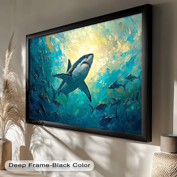 Great White Shark in Sunlit Ocean Depths – Animal Oil Painting
