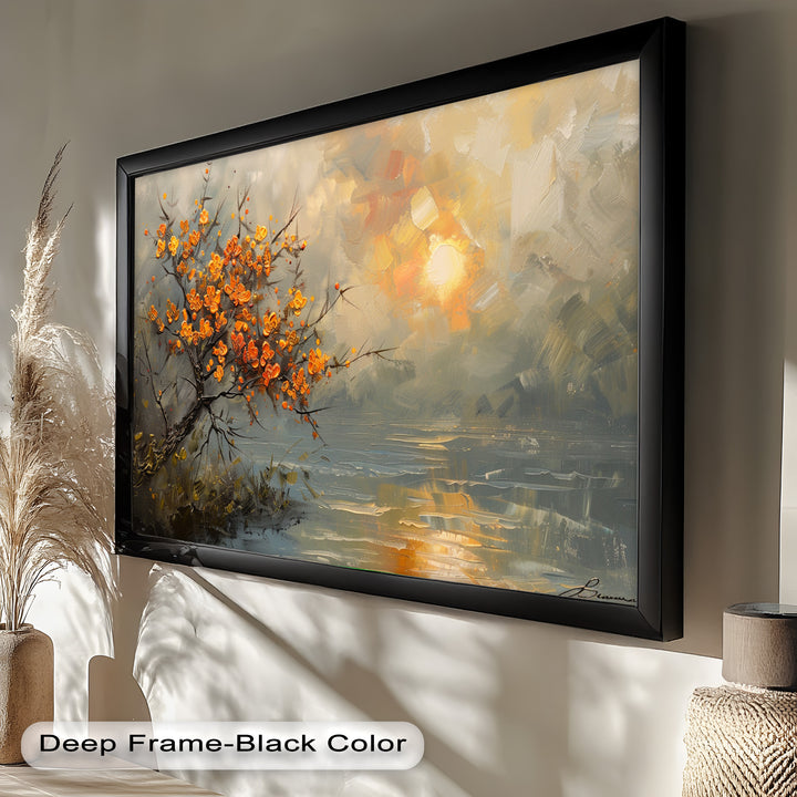 A contemporary wall art piece depicting a lone flowering tree in striking contrast to the moody background, with bold orange and gold hues enhancing the composition.