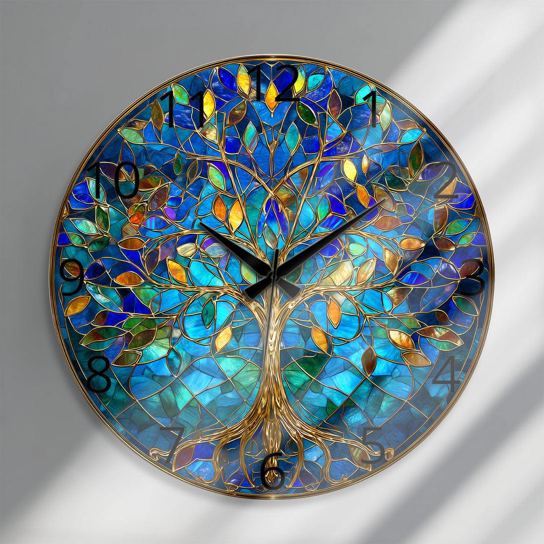 Blue Tree of Life Glass Wall Clock – Gold Stained Glass Style